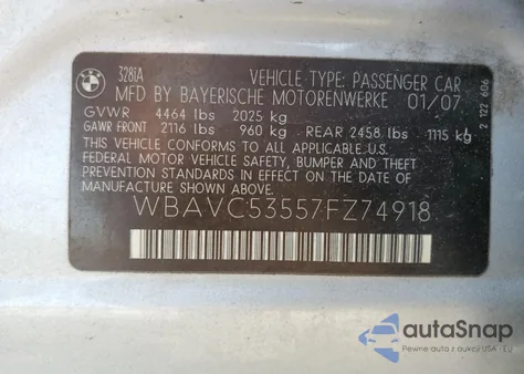 2007 BMW 328 I Sulev z USA, uszkodzony, nr VIN WBAVC53557FZ74918